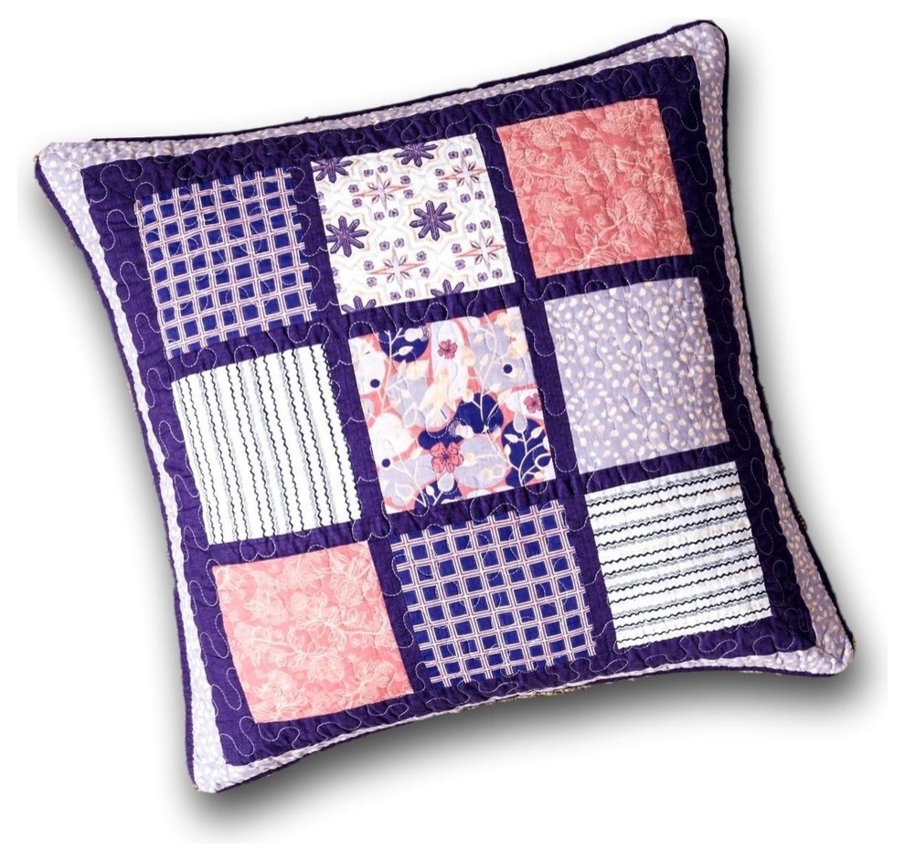Cherry Blossom Floral Patchwork Purple Pink Euro Pillow Sham Cover, 26" x 26"