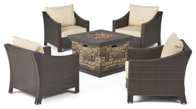 GDF Studio 5-Piece Andrew Outdoor Gray Wicker Chat Set With Stone Fire Pit, Beig