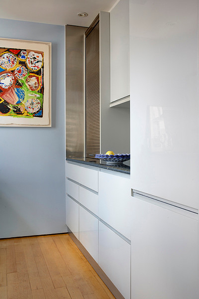 Small modern galley separate kitchen in London with flat-panel cabinets, blue cabinets and no island.