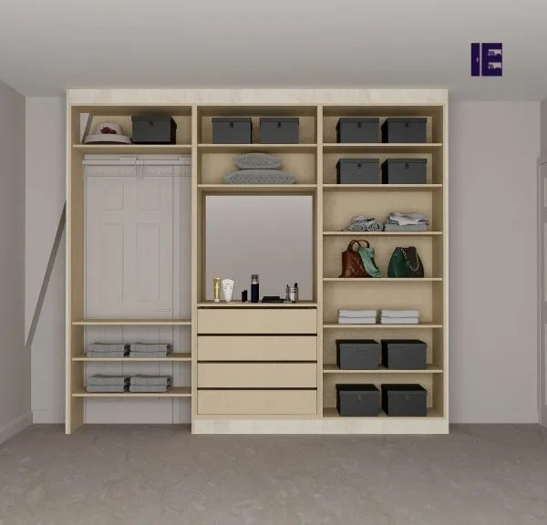 Large modern built-in wardrobe in London with glass-front cabinets and white cabinets.