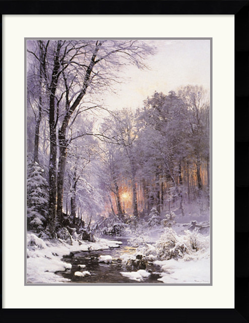 A Twilit Wooded River in the Snow Framed Print by anders anderson-Lundby