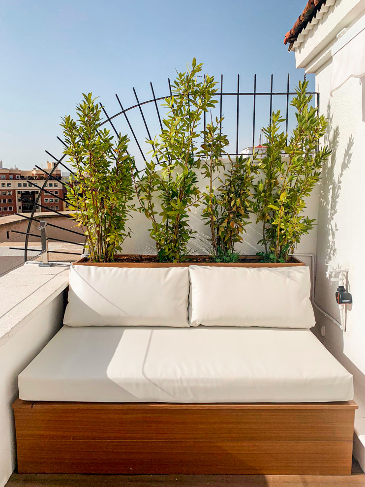 Ispirazione per una piccola terrazza scandinava sul tetto e sul tetto con un giardino in vaso, un parasole e parapetto in metallo