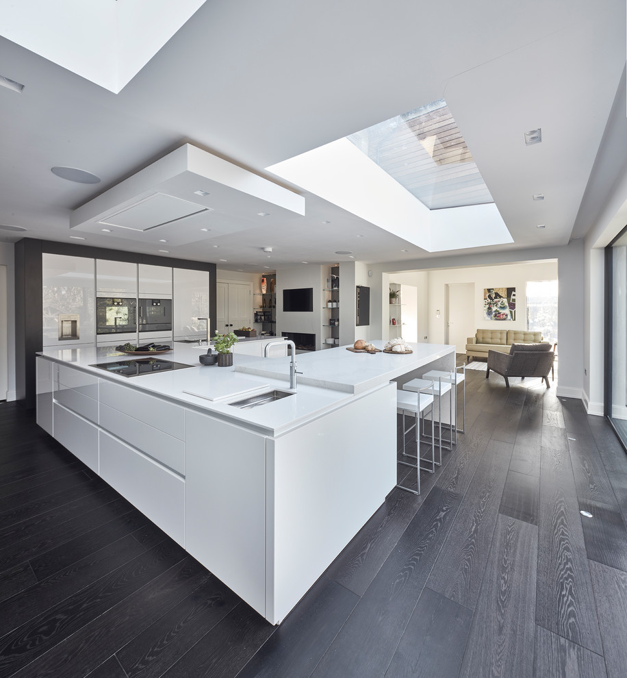Large contemporary u-shaped open plan kitchen in Other with flat-panel cabinets, white cabinets, granite benchtops, dark hardwood floors, with island and black floor.