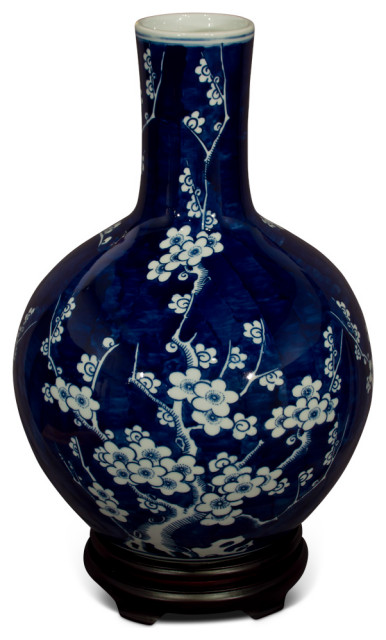 Blue and White Cherry Blossom Flower Motif Chinese Porcelain Temple Vase
