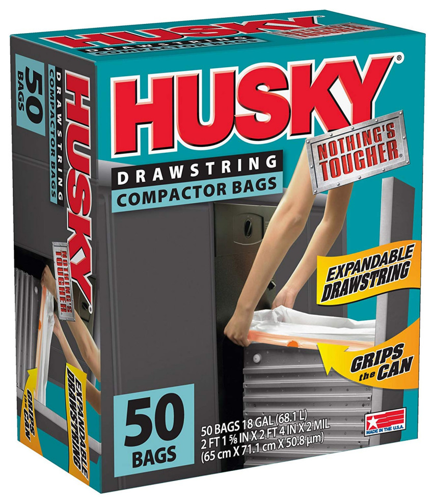 Husky HK18XDS050W Drawstring Compactor Trash Bags, White, 18-Gallon,  50-Count - Trash And Recycling Accessories - by Toolbox Supply | Houzz
