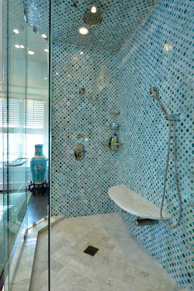 Design ideas for a contemporary bathroom in Dallas with an alcove shower, blue tile and mosaic tile.