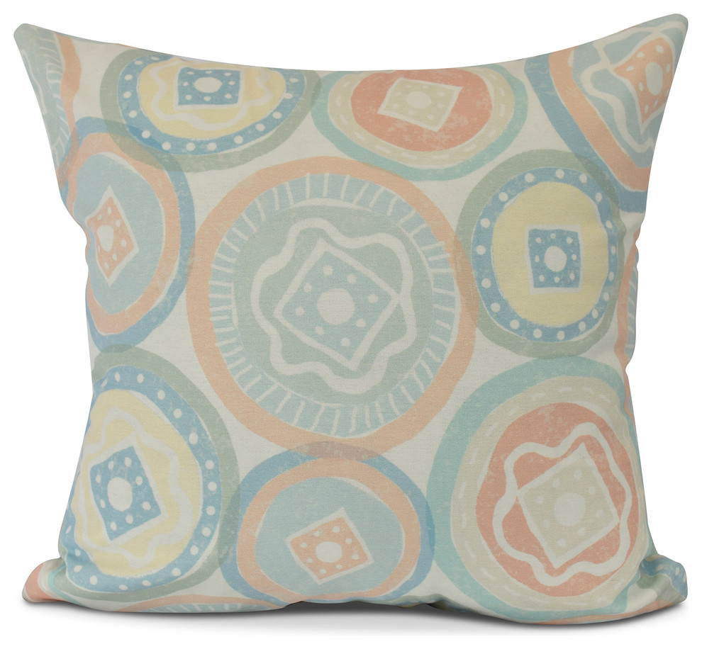 Painted Medallions, Geometric Print Outdoor Pillow,Aqua, 16" x 16