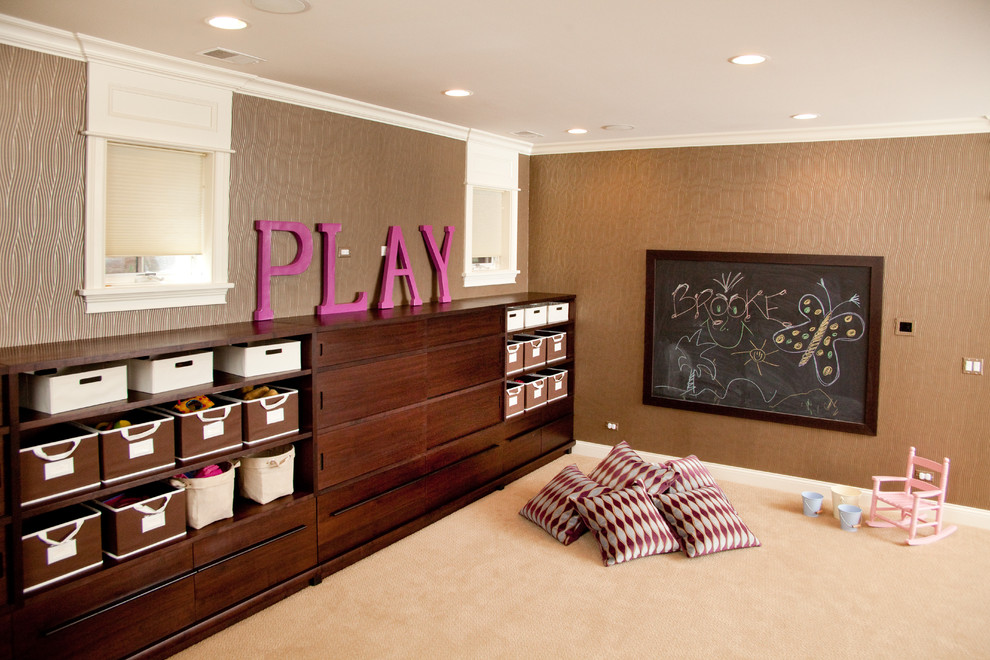Large transitional gender-neutral kids' playroom in Chicago with brown walls, carpet and beige floor for kids 4-10 years old.