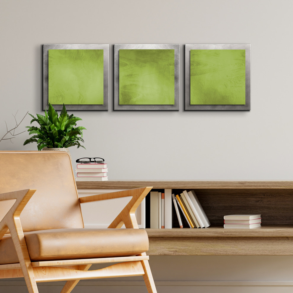 Green Essence, Contemporary Green and Silver Wall Art, Giclee on Metal