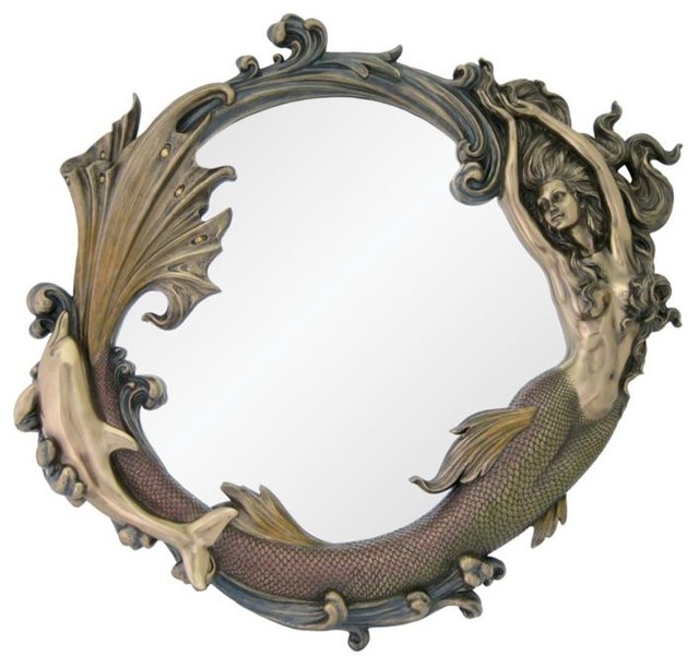 24 Inch Bronze Mirror With Engraved Mermaid Playing Dolphin 24 Inch Bronze Mirror With Engraved Mermaid Playing Dolphin