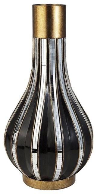 16.25" Black And Gold Metalic Tiles Decorative Vase