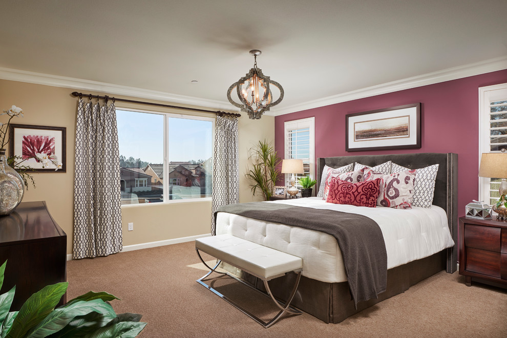 Bedroom - transitional carpeted and beige floor bedroom idea with pink walls