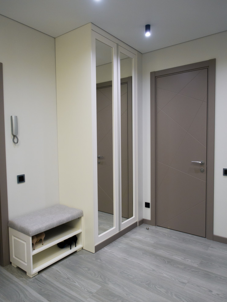 Inspiration pour une entrée design de taille moyenne avec un couloir, un mur gris, un sol en carrelage de porcelaine, une porte simple, une porte grise et un sol gris.