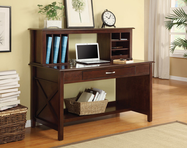 Adeline Desk with Hutch Solid Wood Mocha Finish Desk Modern Desks