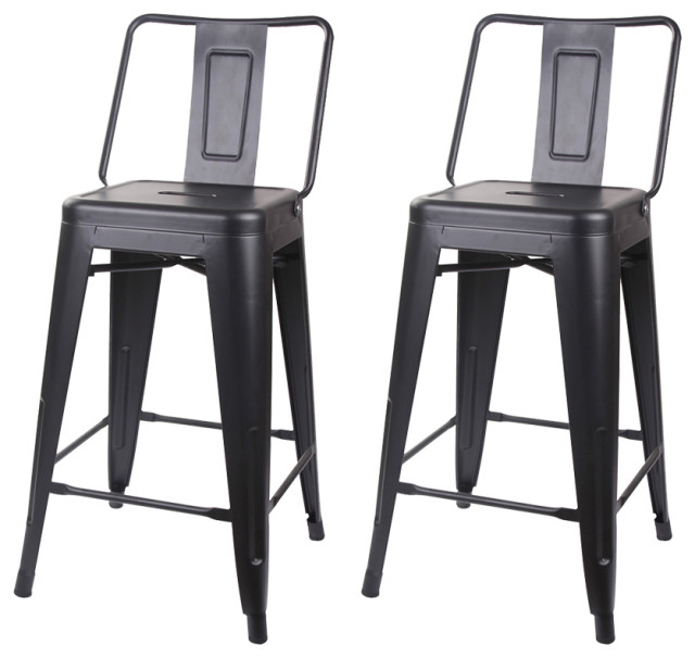 Metal Black Bar Stools With Middle Back, Set of 2 Industrial Bar