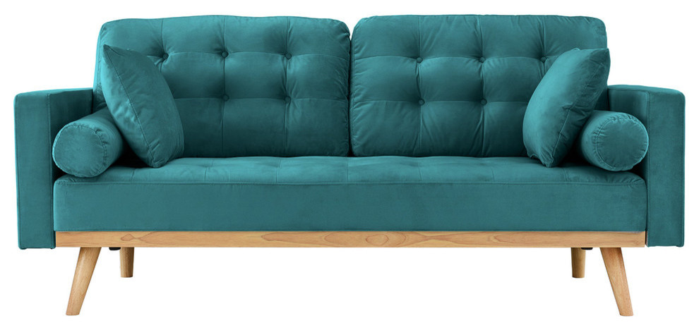 Modern Mid Century 2 Seater Tufted Velvet Sofa With Wooden Legs Teal