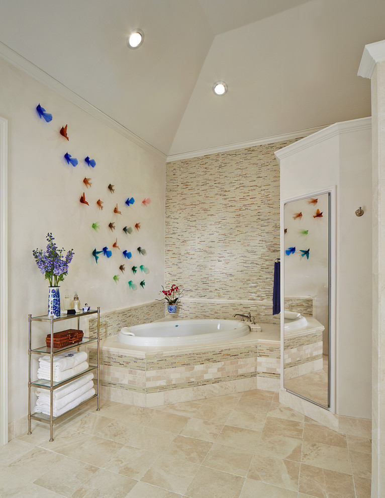 Photo of a large contemporary master bathroom in Dallas with flat-panel cabinets, white cabinets, a drop-in tub, an open shower, brown tile, porcelain tile, beige walls, travertine floors, an undermount sink, quartzite benchtops, beige floor and an open shower.