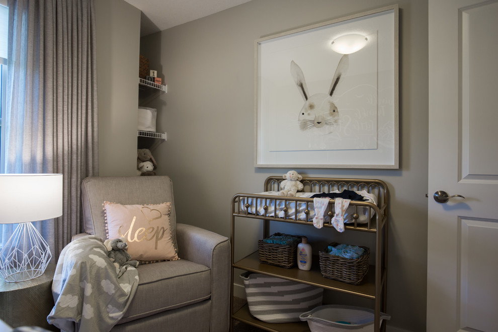 Design ideas for a small country kids' room for girls in Calgary with black walls, carpet and beige floor.