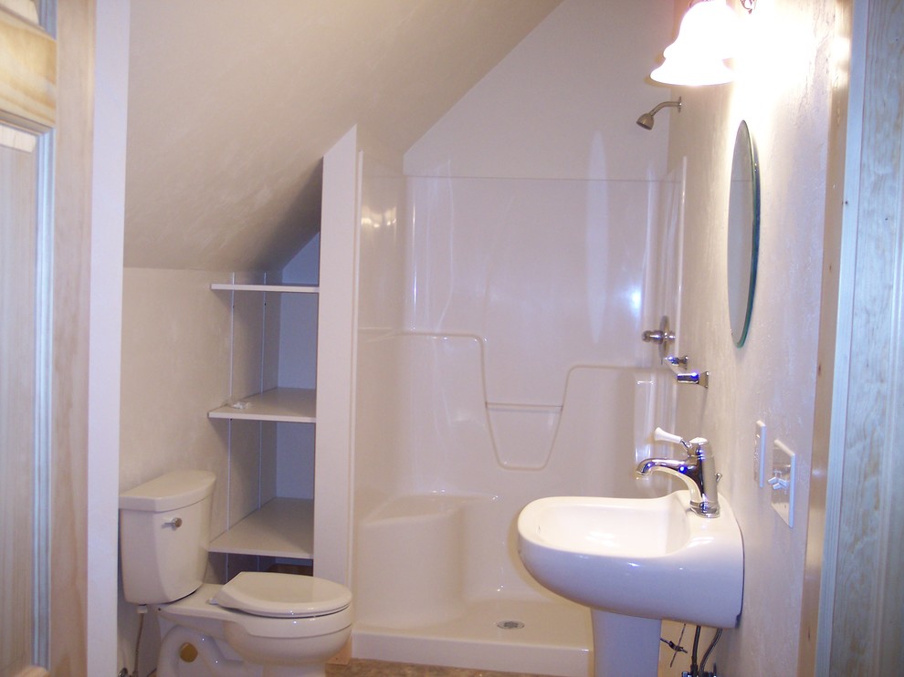 Inspiration for a small transitional 3/4 laminate floor and beige floor alcove shower remodel with open cabinets, white cabinets, a two-piece toilet, beige walls, a pedestal sink and solid surface countertops