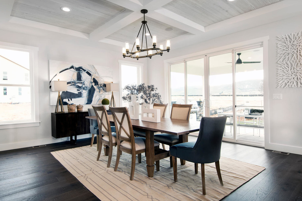 Design ideas for a transitional dining room in Denver with white walls, dark hardwood floors and no fireplace.