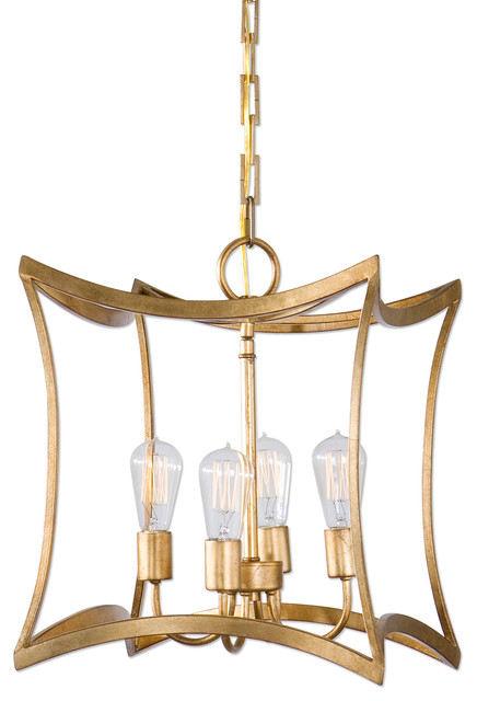 Mid Century Modern Gold Open Square Pendant 4 Light Lantern Arch