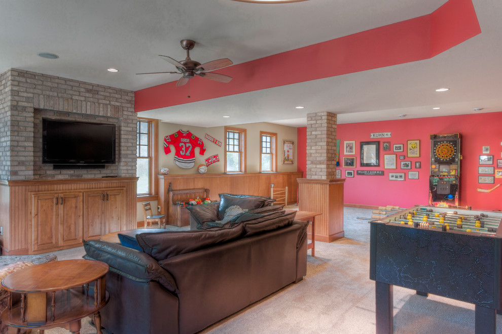 Basement - rustic walk-out carpeted basement idea with beige walls