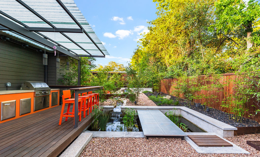 Photo of a contemporary side yard formal garden in Austin with with pond and decking.