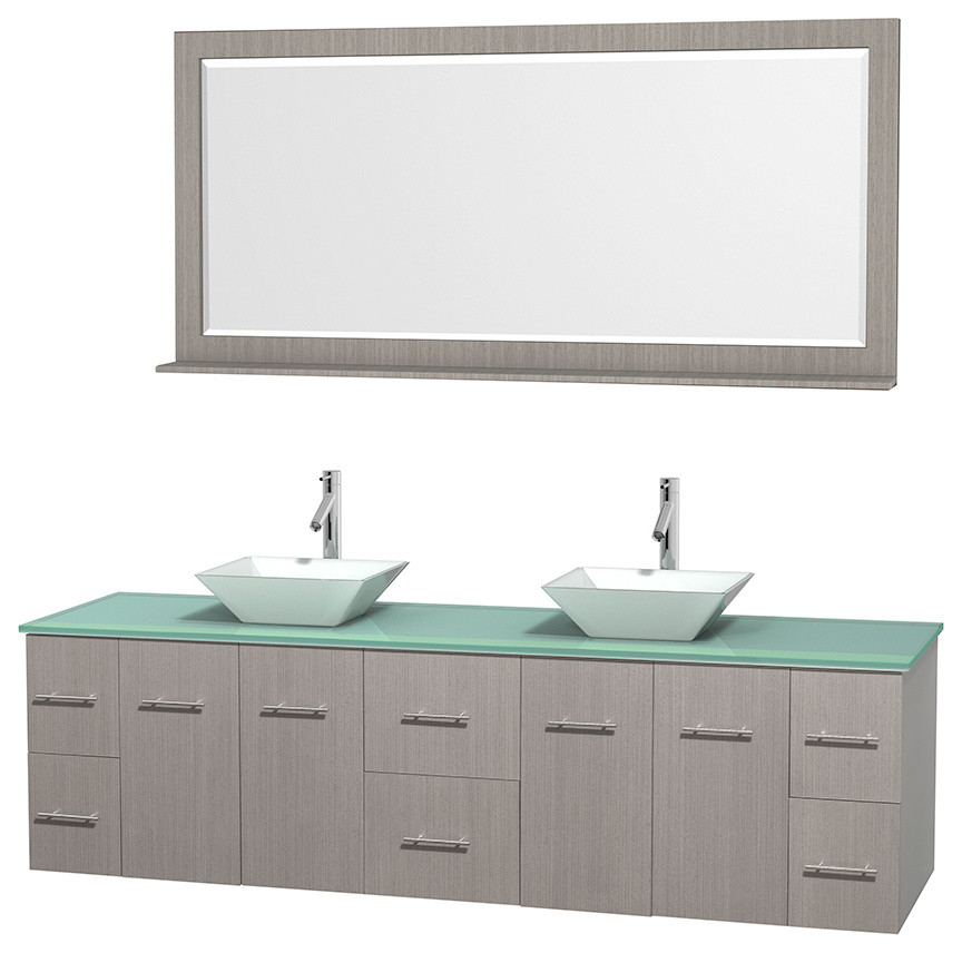 Centra 80" Gray Oak Double Vanity, Glass Top, Pyra White Porcelain, 70" Mirror