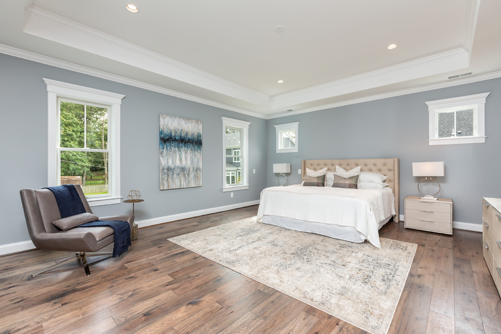 Photo of a transitional master bedroom in DC Metro with blue walls, medium hardwood floors and brown floor.