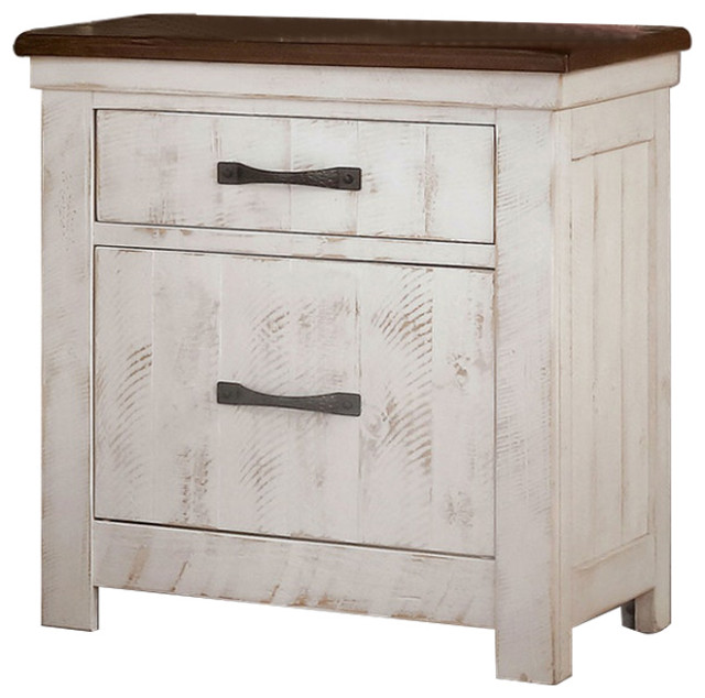 2 Drawer Nightstand with USB Charger, Distressed White Farmhouse