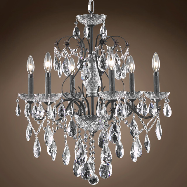 Heritage 6 Light 24" Deep Iron Chandelier With Clear Asfour Crystal and Led Bulb
