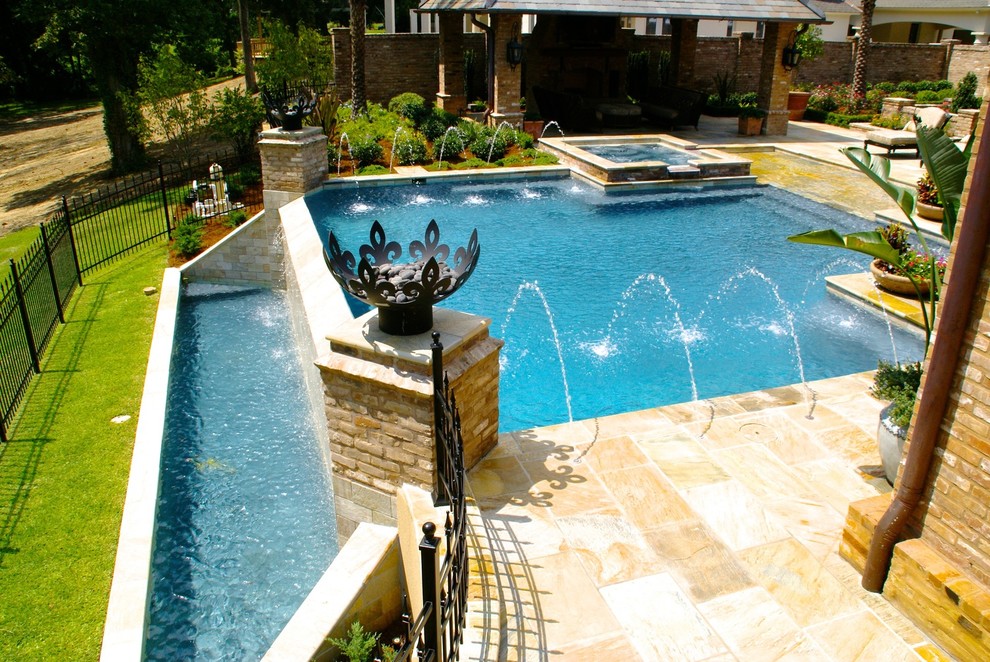 Pool fountain - large transitional backyard custom-shaped infinity pool fountain idea