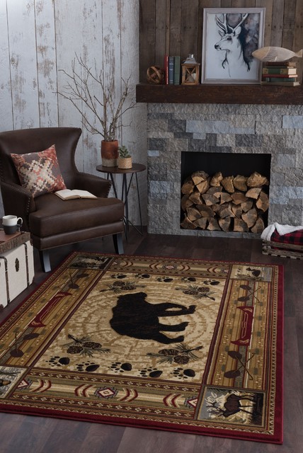 Black Bear Novelty Lodge Pattern Red Rectangle Area Rug, 4' x 5' - Rustic -  Area Rugs - by Tayse Rugs | Houzz