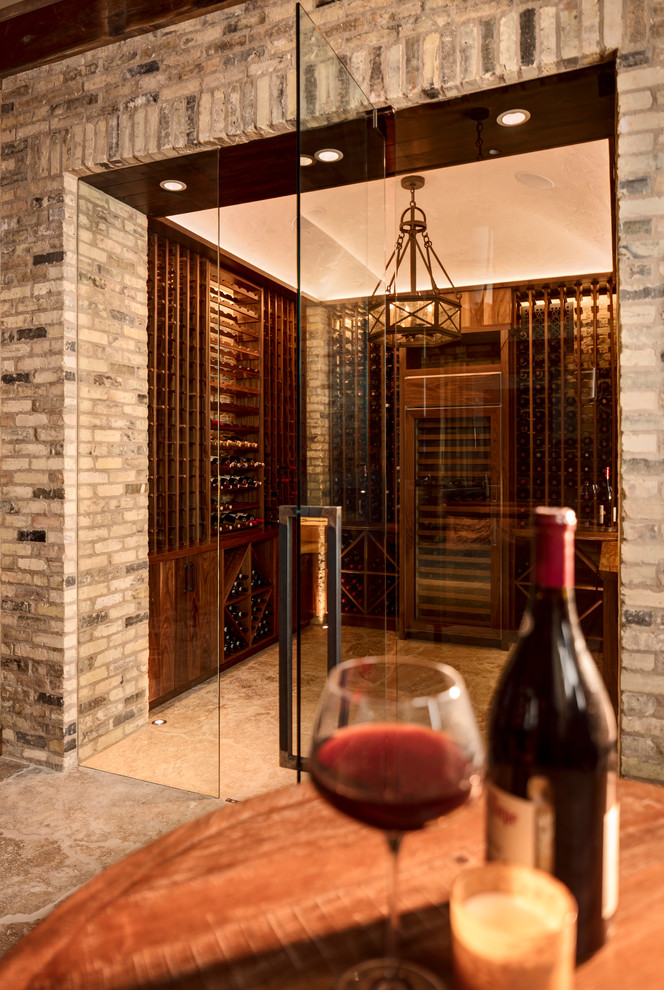 Photo of a country wine cellar in Milwaukee with display racks and beige floor.