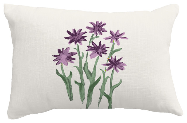 Daffodils Floral Print Throw Pillow With Linen Texture, Purple, 14"x20"
