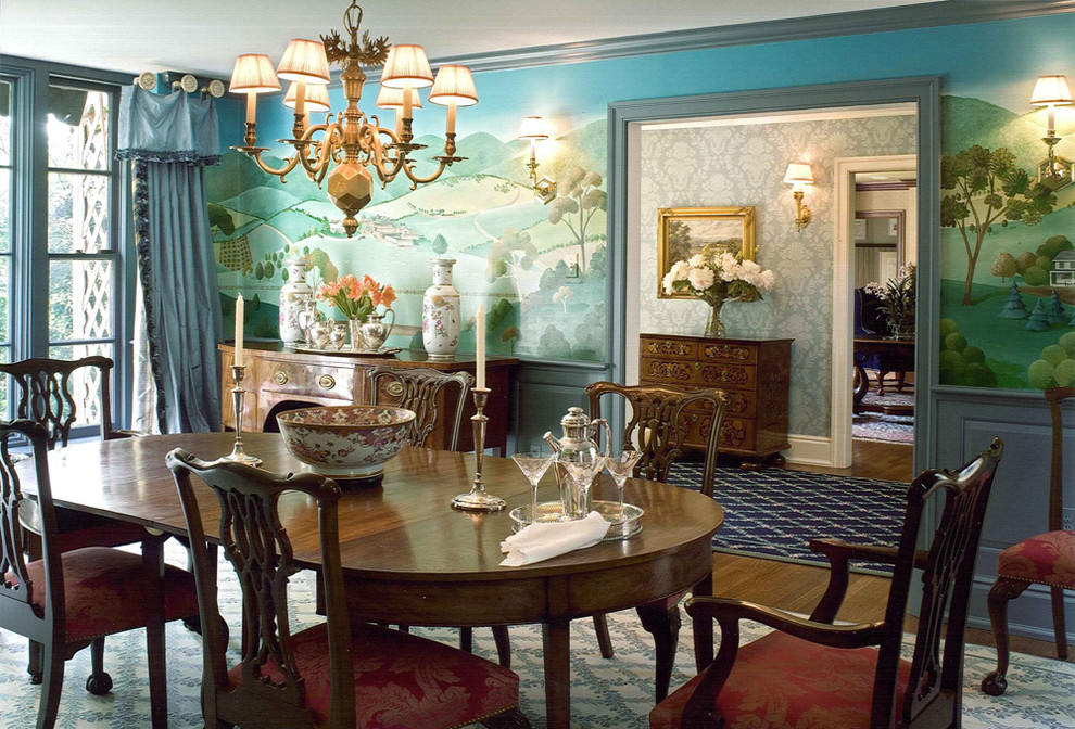 Traditional separate dining room in Philadelphia with multi-coloured walls, medium hardwood floors and no fireplace.