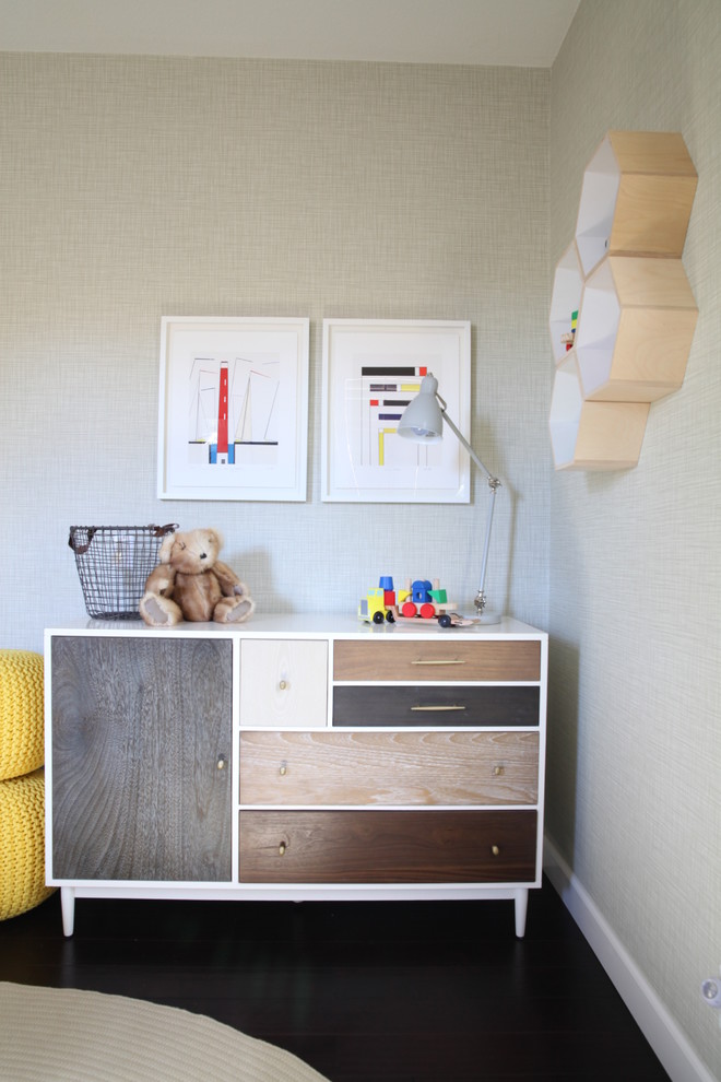 Inspiration for a mid-sized transitional kids' room for boys in Orange County with grey walls and dark hardwood floors.