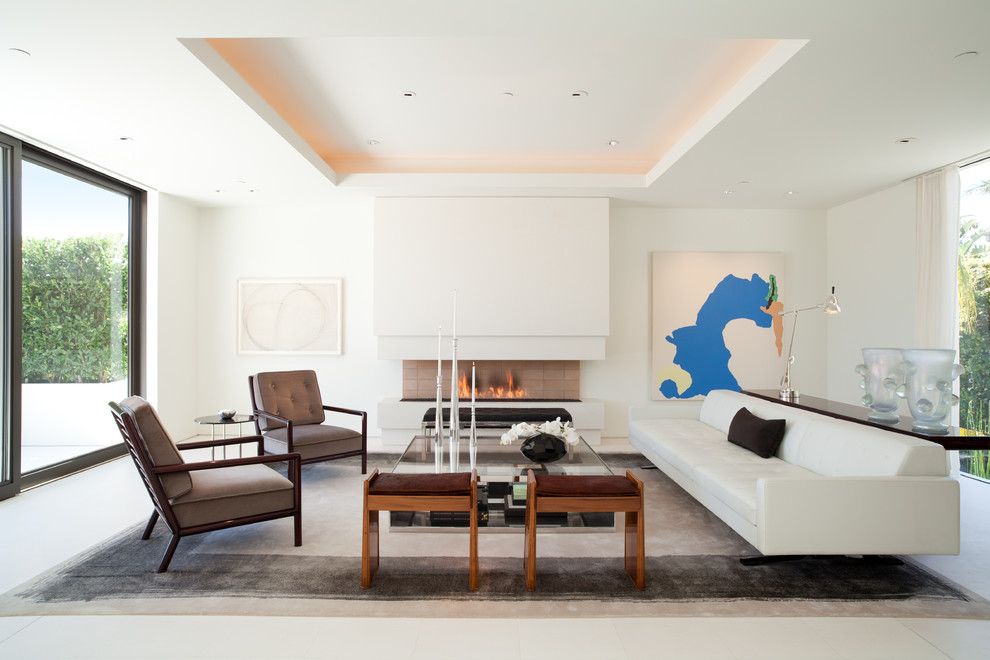 Inspiration for a mid-sized contemporary formal living room in Los Angeles with white walls, a ribbon fireplace and no tv.
