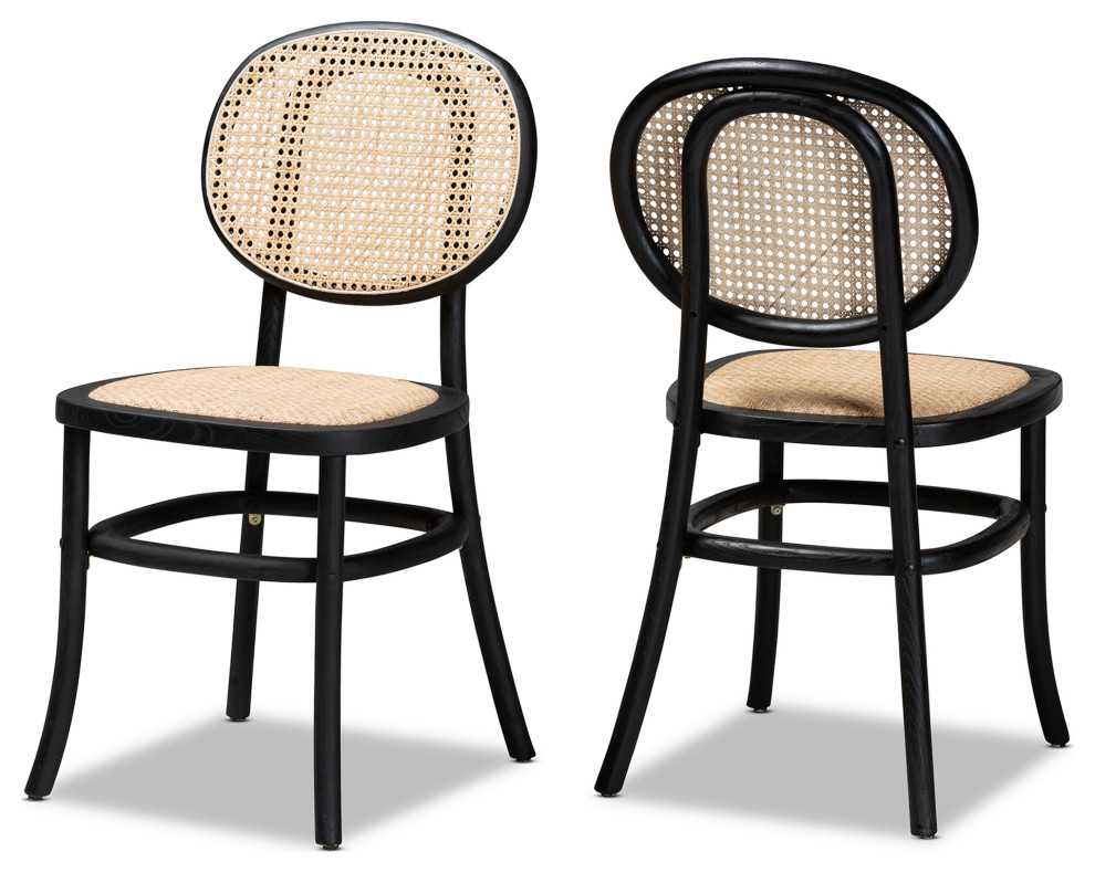 Garold MidCentury Brown Woven Rattan Black Wood 2Piece Cane Dining