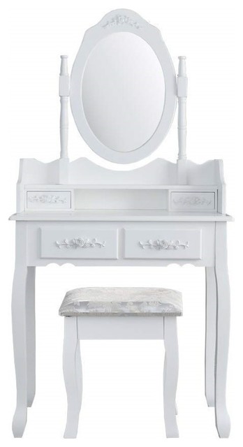 Dressing Table Set With Oval Mirror and Stool, 4-Drawer