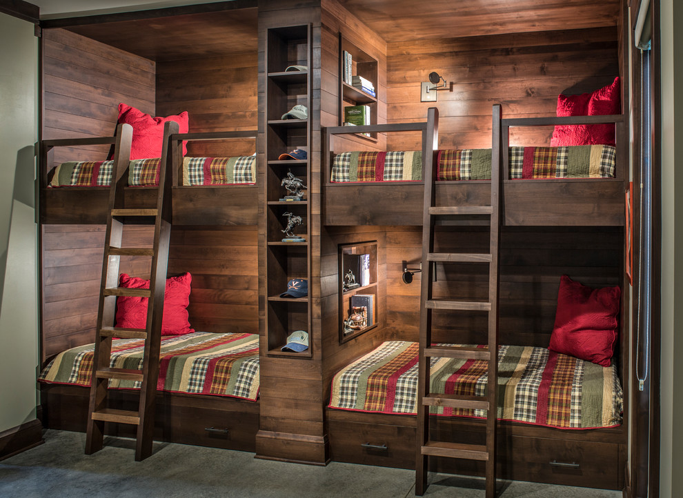 Grand Highlands Rustic - The clear-alder scheme in the bunk room, including copious storage, was designed by Shamburger Architectural Group, constructed by Duane Scholz (Scholz Home Works) with independent contractor Lynden Steiner, and milled and refinished by Liberty Wood Products.