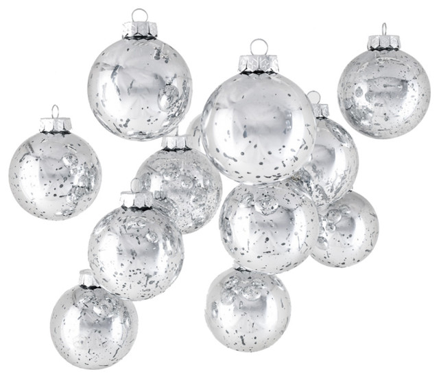 Serene Spaces Living Set of 12 Silver Plastic Ornament Ball, 3" Dia & 3" Tall