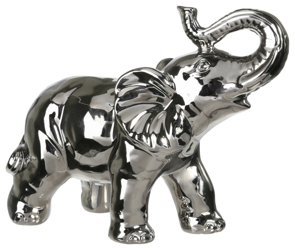 Ceramic Elephant Figurine Chrome Silver Finish Contemporary