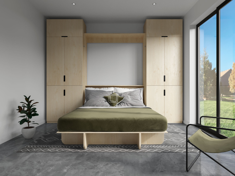 Modernes Gästezimmer ohne Kamin mit weißer Wandfarbe, Vinylboden und grauem Boden in Orange County