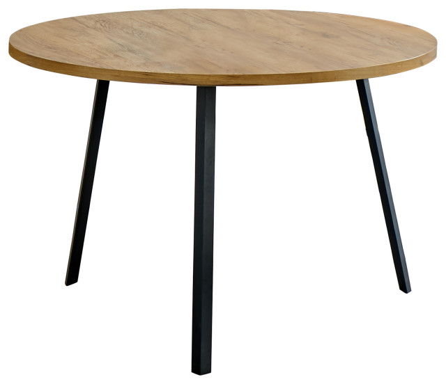 HomeRoots 48" Round Dining Room Table With Golden Pine and Black Metal