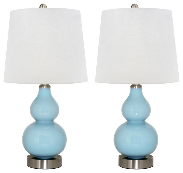 21 5 Blue Glass Table Lamp With Brushed Nickel Off White Linen Shade   Home Design 