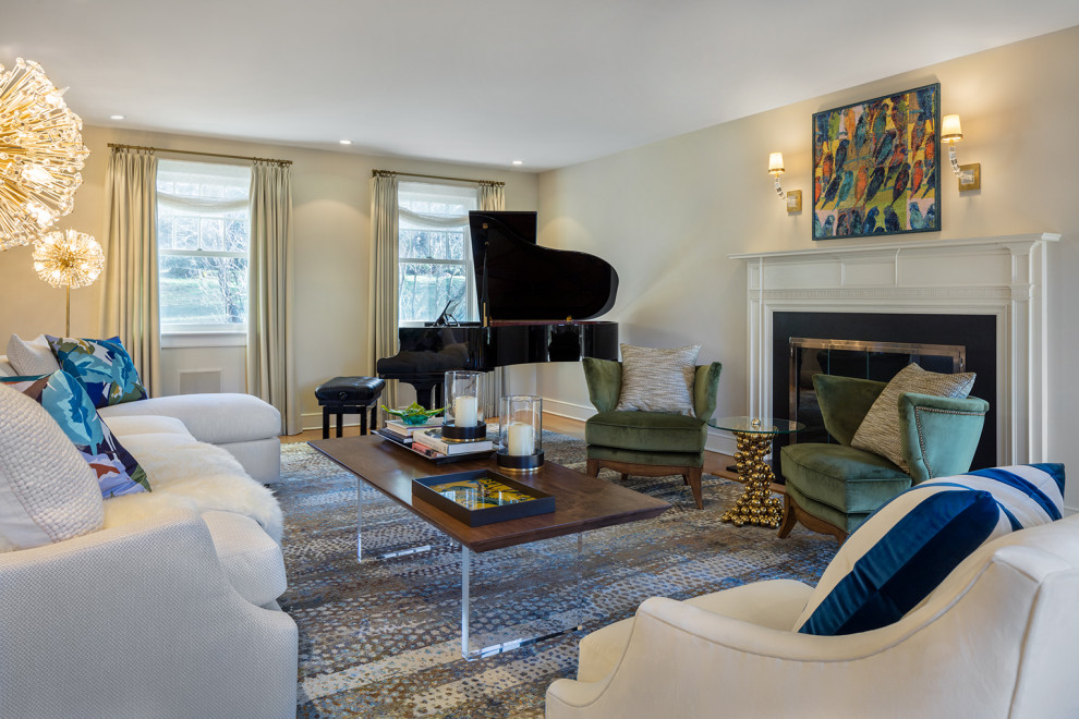 This is an example of a mid-sized contemporary enclosed living room in New York with a music area, white walls, medium hardwood floors, a standard fireplace, a stone fireplace surround, no tv and turquoise floor.