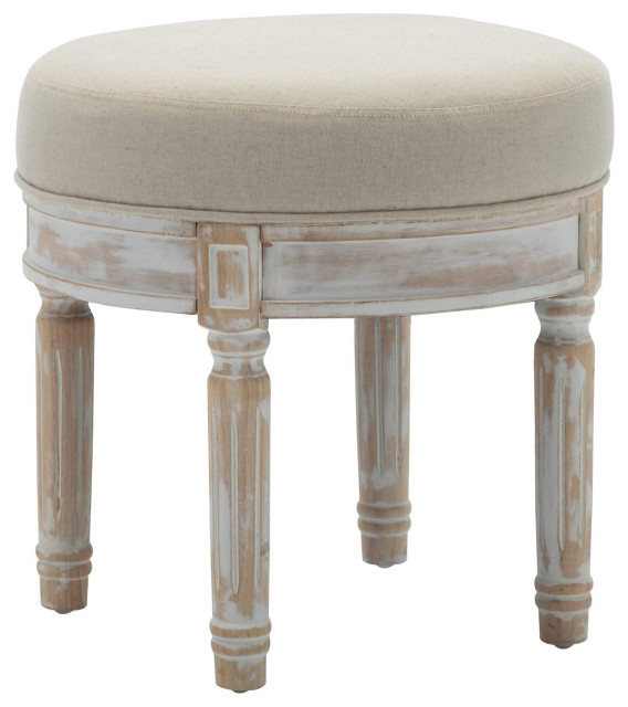 Rustic Vanity Stool, White Washed Wood Legs With Padded Seat, Round