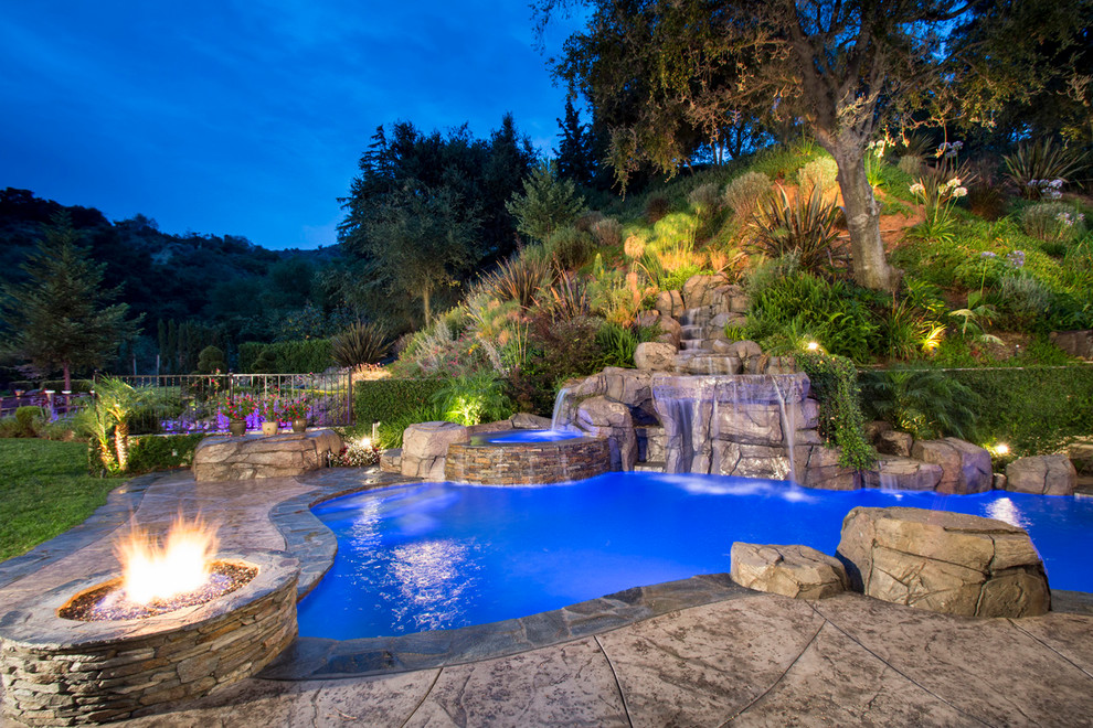 Traditional custom-shaped natural pool in Austin with a water feature.