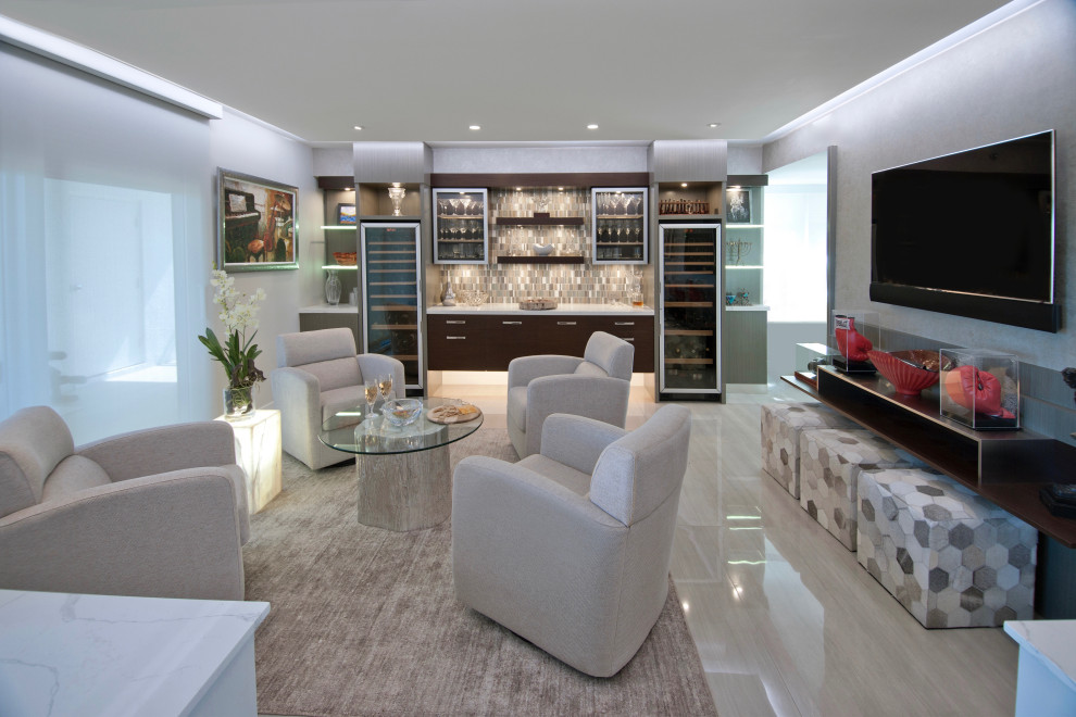 Photo of a mid-sized contemporary wine cellar in Miami with porcelain floors, display racks and grey floor.